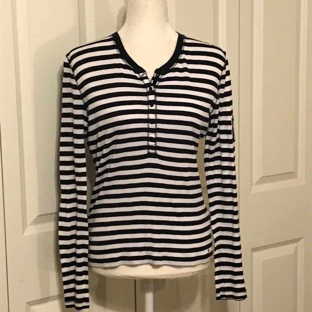 Tommy Hilfiger Black And White Striped Henley ~ Size Medium